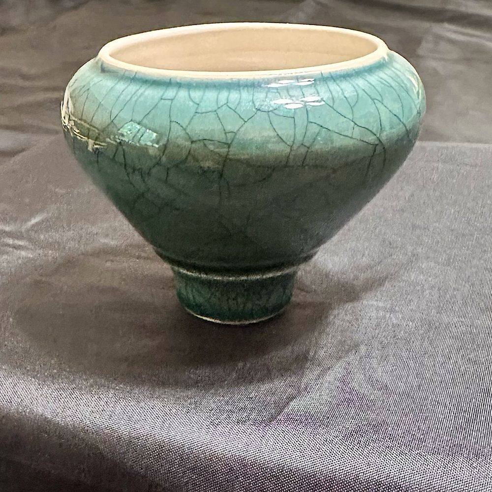 Vintage Andrew MacCorkindale Elegant Teal Crackle Glaze Ceramic Vase Small